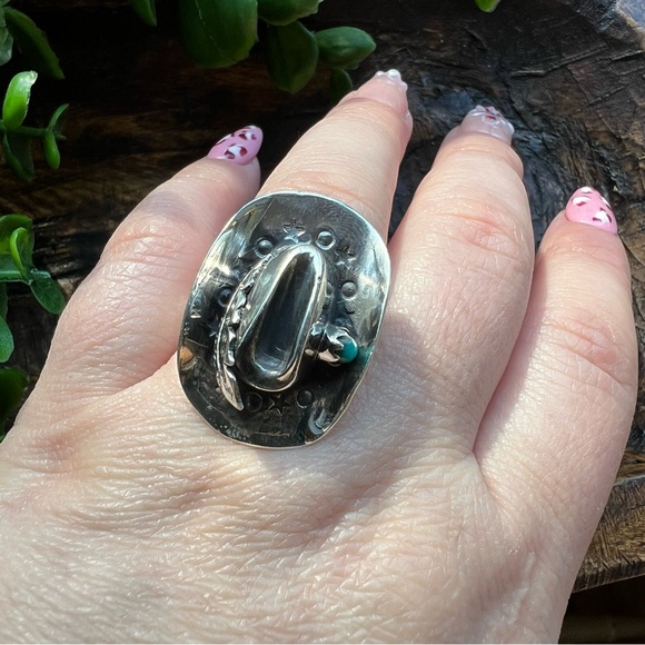 925 Sterling Silver Turquoise Cowboy Hat Statement Ring Size 8 • Southwestern •